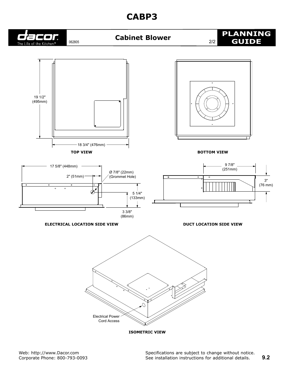 Cabp3, Planning guide, Cabinet blower | Dacor CABP3 User Manual | Page 2 / 2