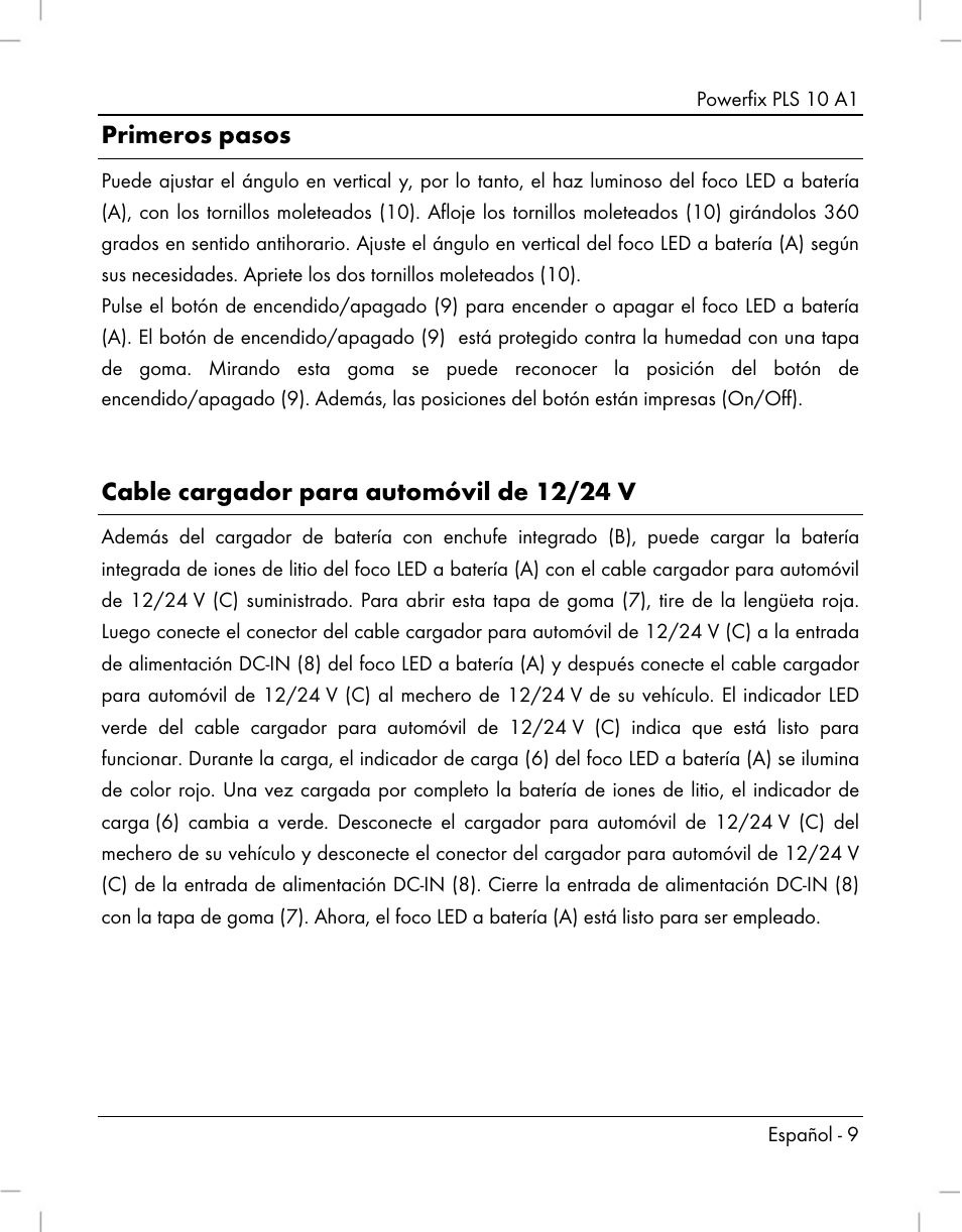 Primeros pasos, Cable cargador para automóvil de 12/24 v | Powerfix PLS 10 A1 User Manual | Page 11 / 60