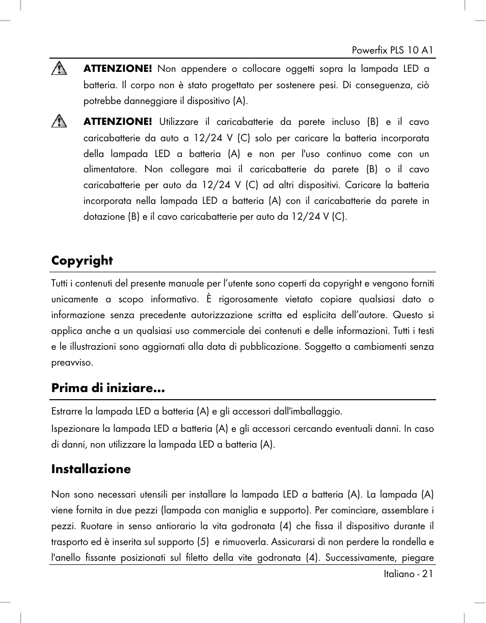 Copyright, Prima di iniziare, Installazione | Powerfix PLS 10 A1 User Manual | Page 23 / 60