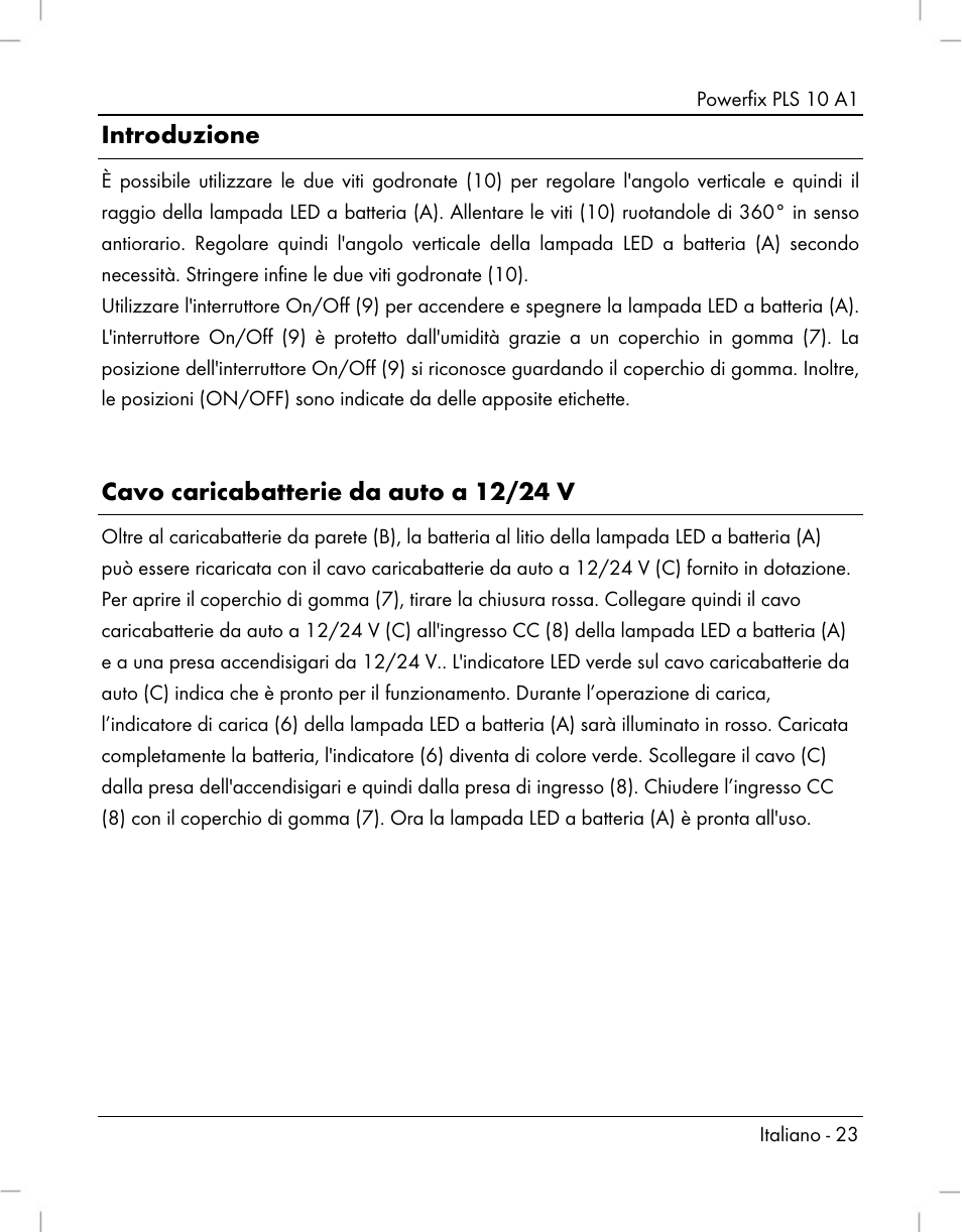 Introduzione, Cavo caricabatterie da auto a 12/24 v | Powerfix PLS 10 A1 User Manual | Page 25 / 60