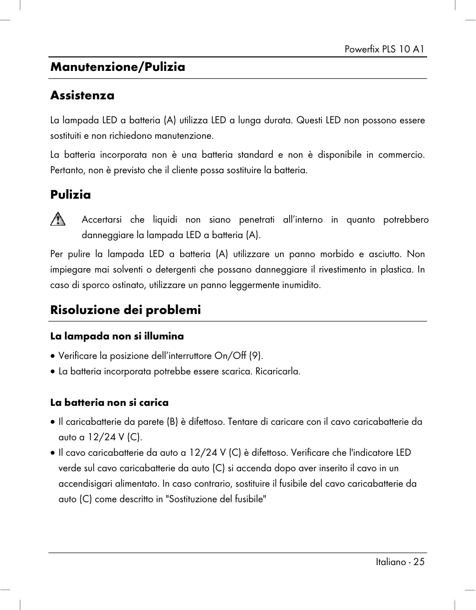 Manutenzione/pulizia assistenza, Pulizia, Risoluzione dei problemi | Powerfix PLS 10 A1 User Manual | Page 27 / 60