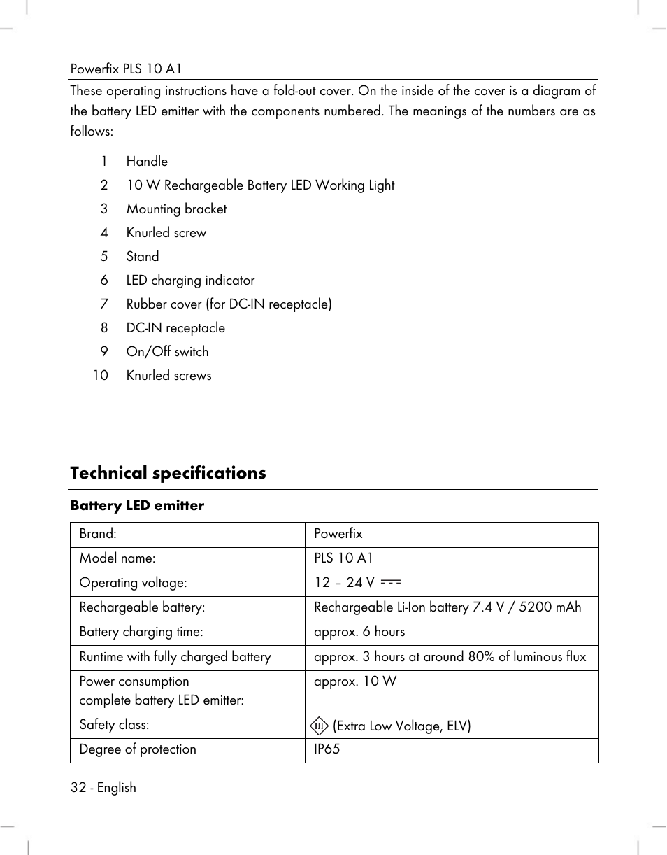 Technical specifications | Powerfix PLS 10 A1 User Manual | Page 34 / 60