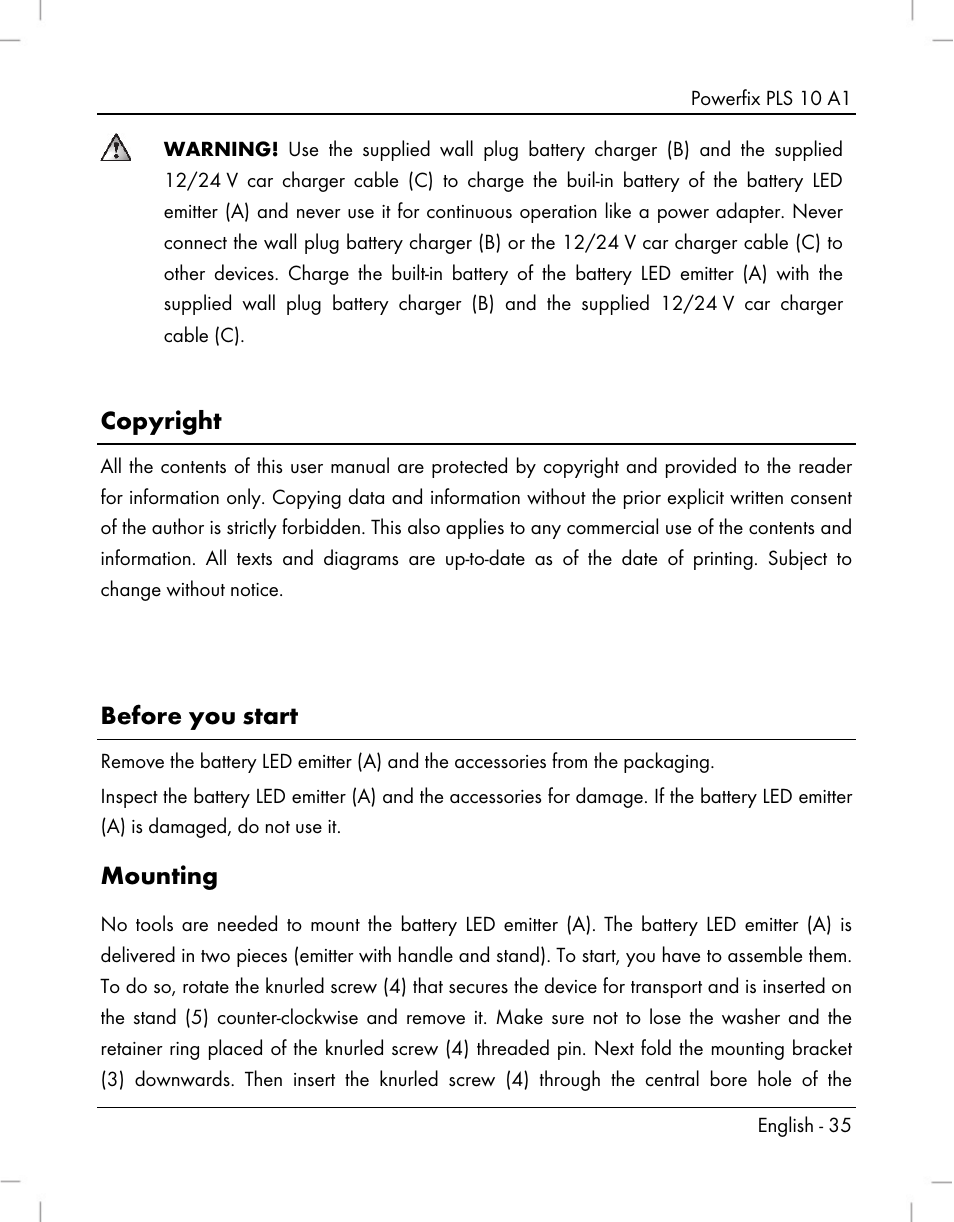 Copyright, Before you start, Mounting | Powerfix PLS 10 A1 User Manual | Page 37 / 60