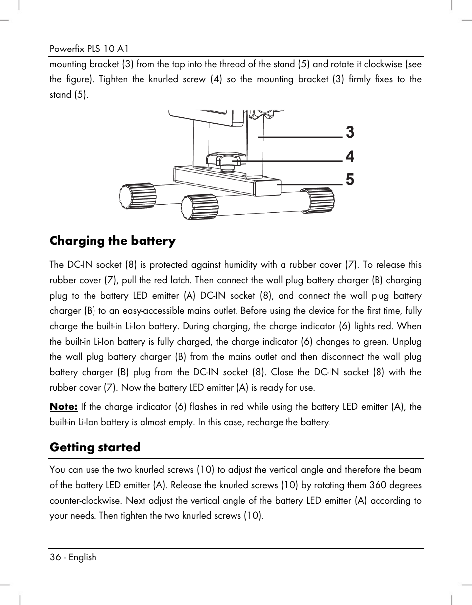 Charging the battery, Getting started | Powerfix PLS 10 A1 User Manual | Page 38 / 60