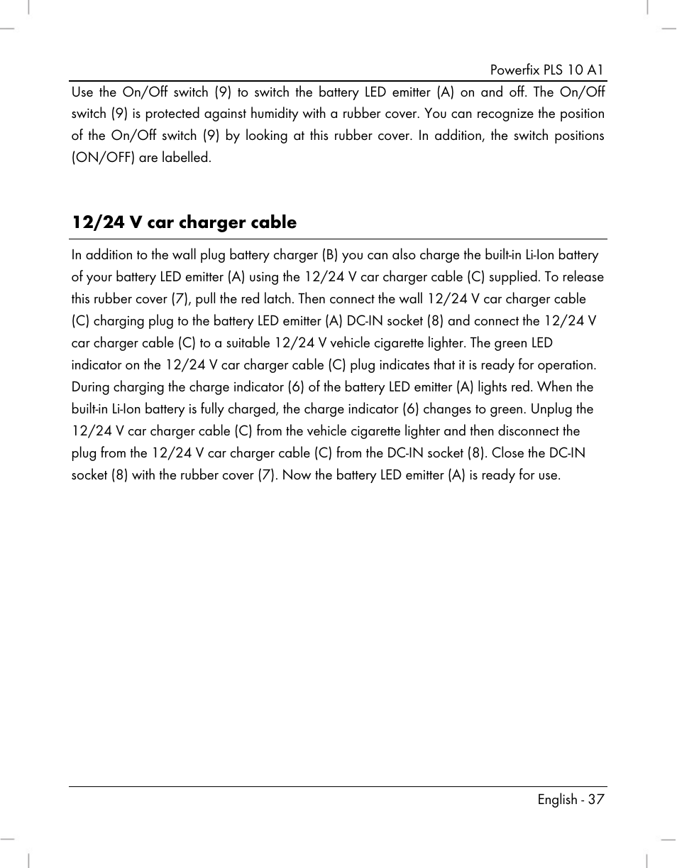 12/24 v car charger cable | Powerfix PLS 10 A1 User Manual | Page 39 / 60