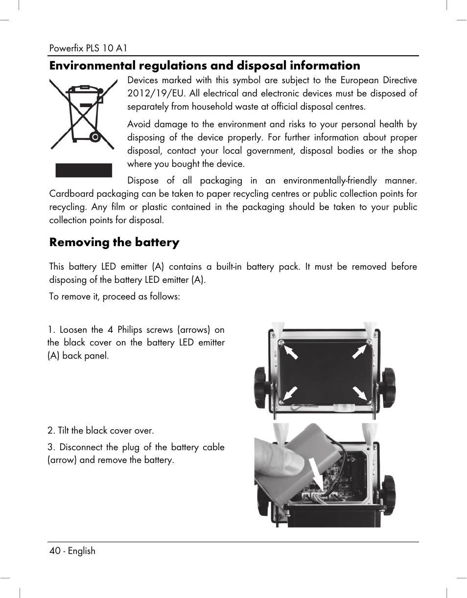 Environmental regulations and disposal information, Removing the battery | Powerfix PLS 10 A1 User Manual | Page 42 / 60