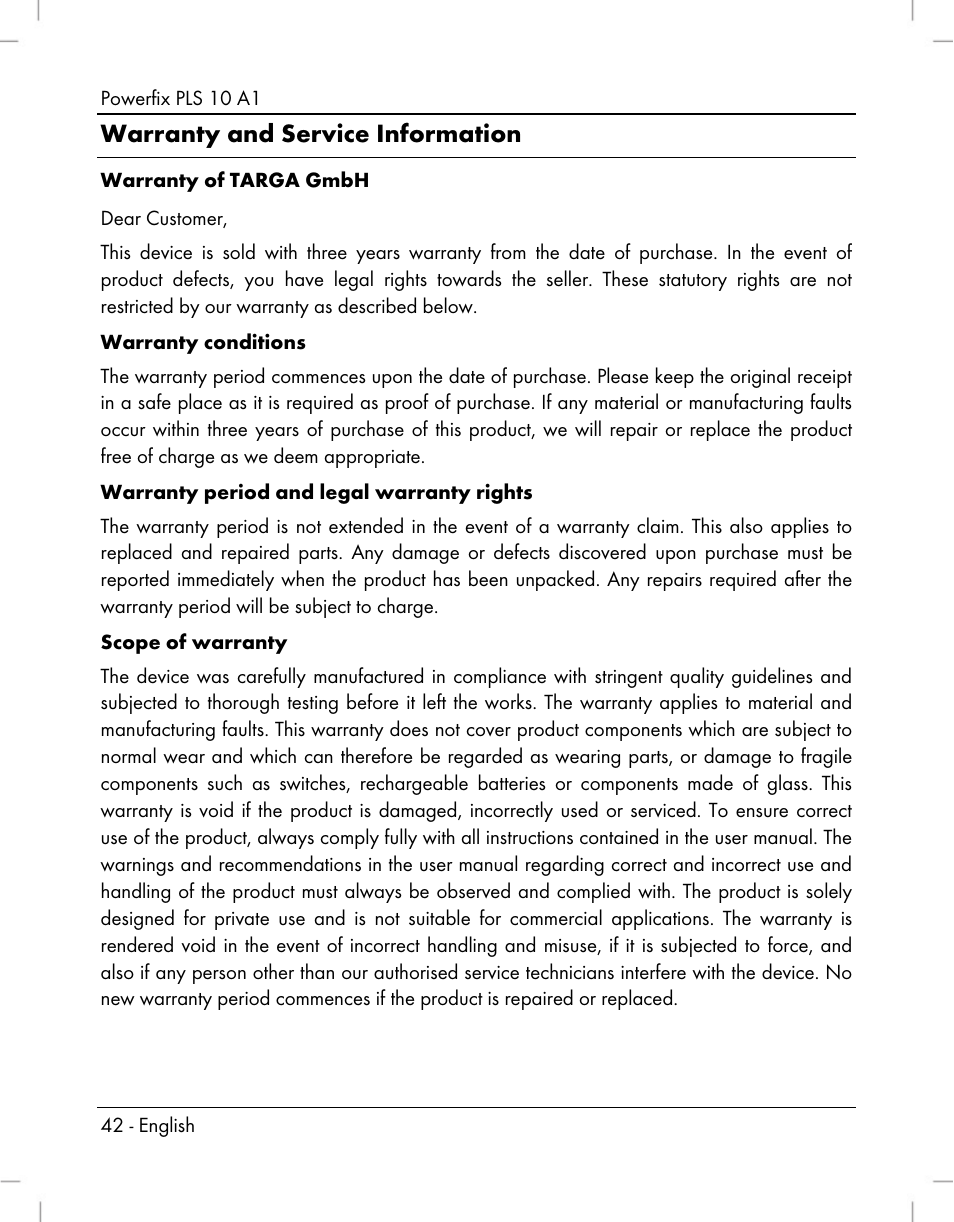 Warranty and service information | Powerfix PLS 10 A1 User Manual | Page 44 / 60