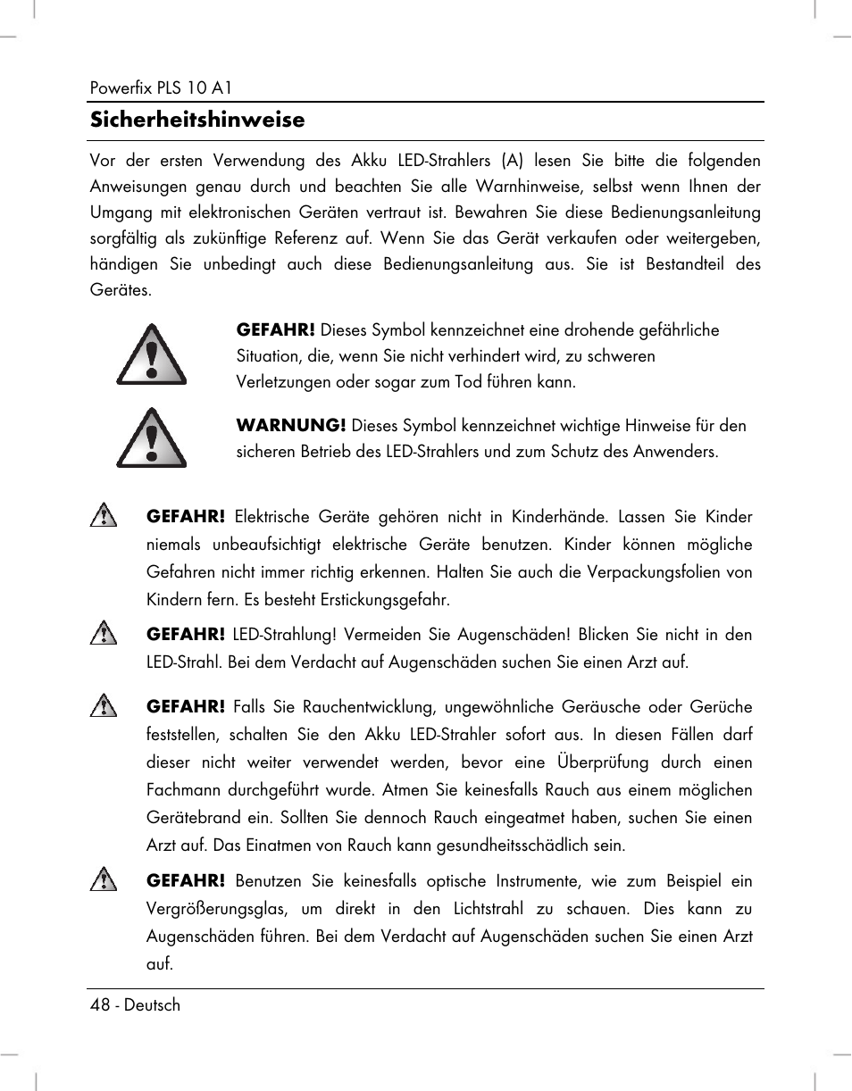 Sicherheitshinweise | Powerfix PLS 10 A1 User Manual | Page 50 / 60