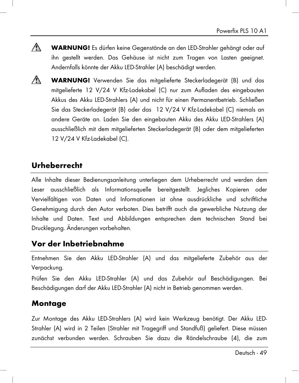 Urheberrecht, Vor der inbetriebnahme, Montage | Powerfix PLS 10 A1 User Manual | Page 51 / 60