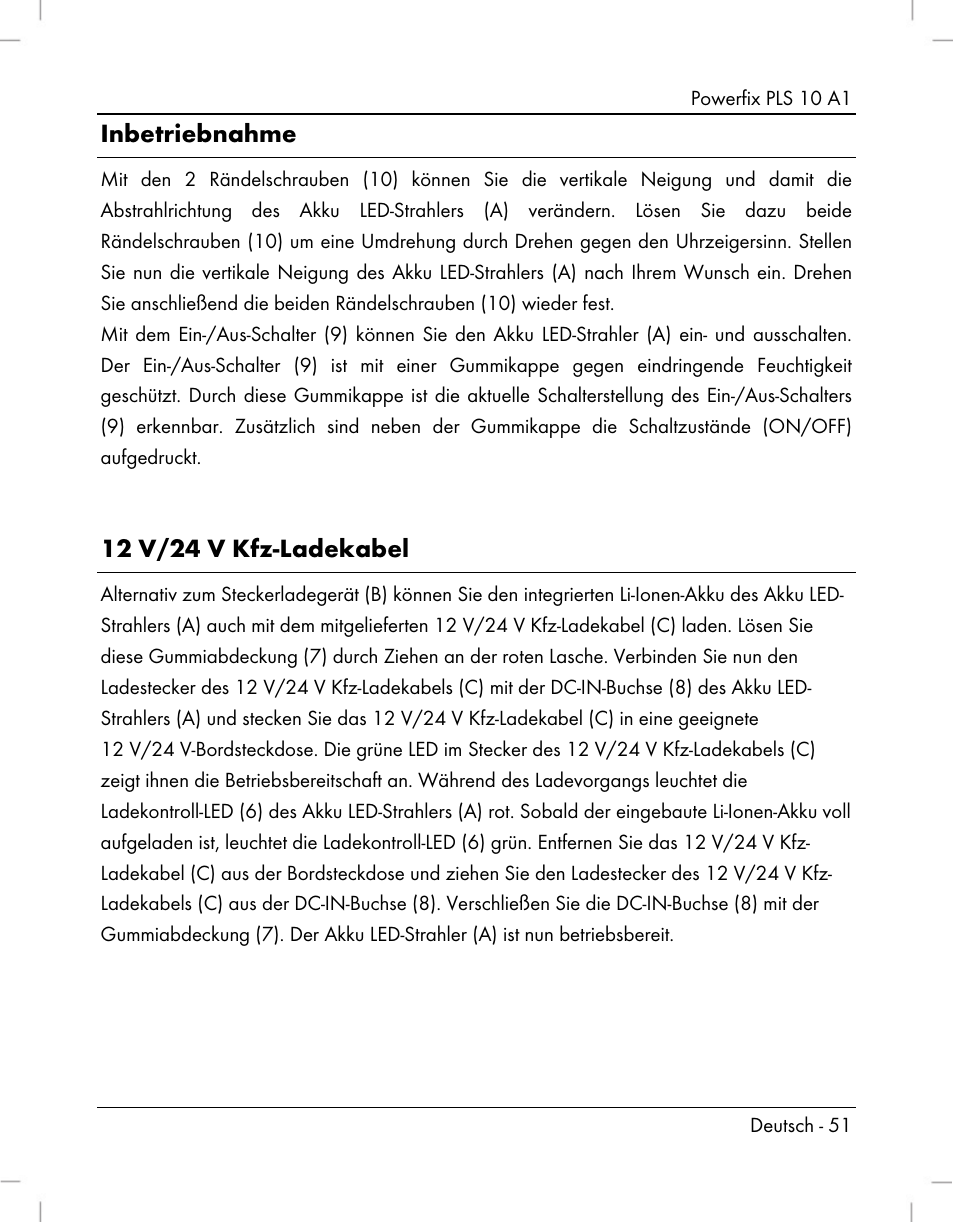 Inbetriebnahme, 12 v/24 v kfz-ladekabel | Powerfix PLS 10 A1 User Manual | Page 53 / 60