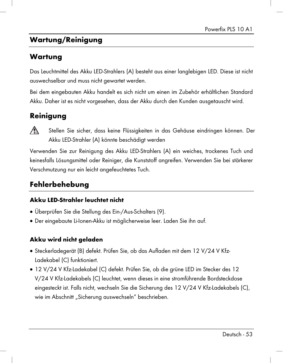 Wartung/reinigung wartung, Reinigung, Fehlerbehebung | Powerfix PLS 10 A1 User Manual | Page 55 / 60