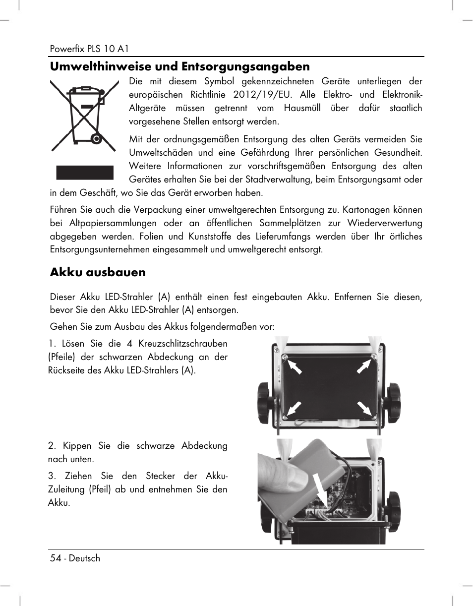 Umwelthinweise und entsorgungsangaben, Akku ausbauen | Powerfix PLS 10 A1 User Manual | Page 56 / 60