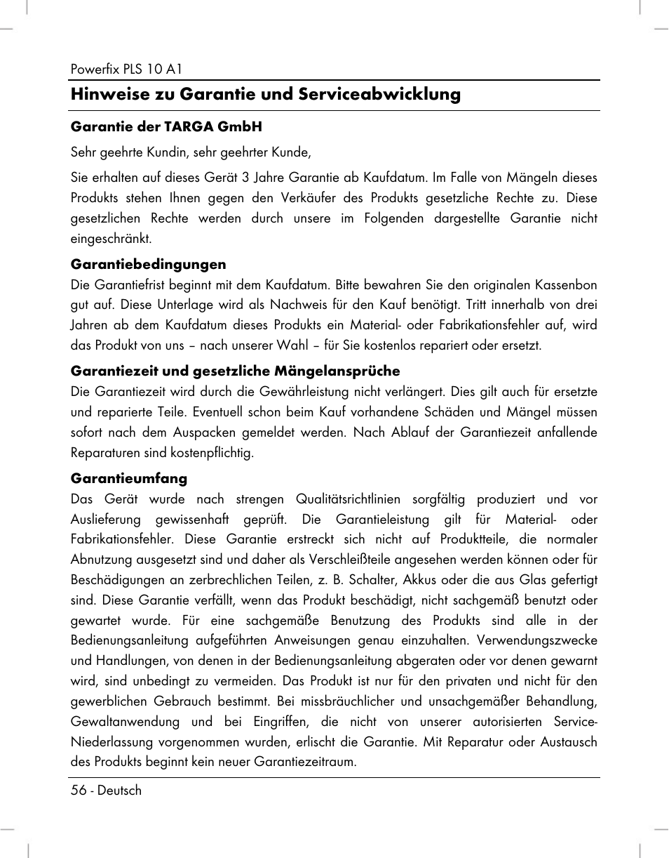 Hinweise zu garantie und serviceabwicklung | Powerfix PLS 10 A1 User Manual | Page 58 / 60