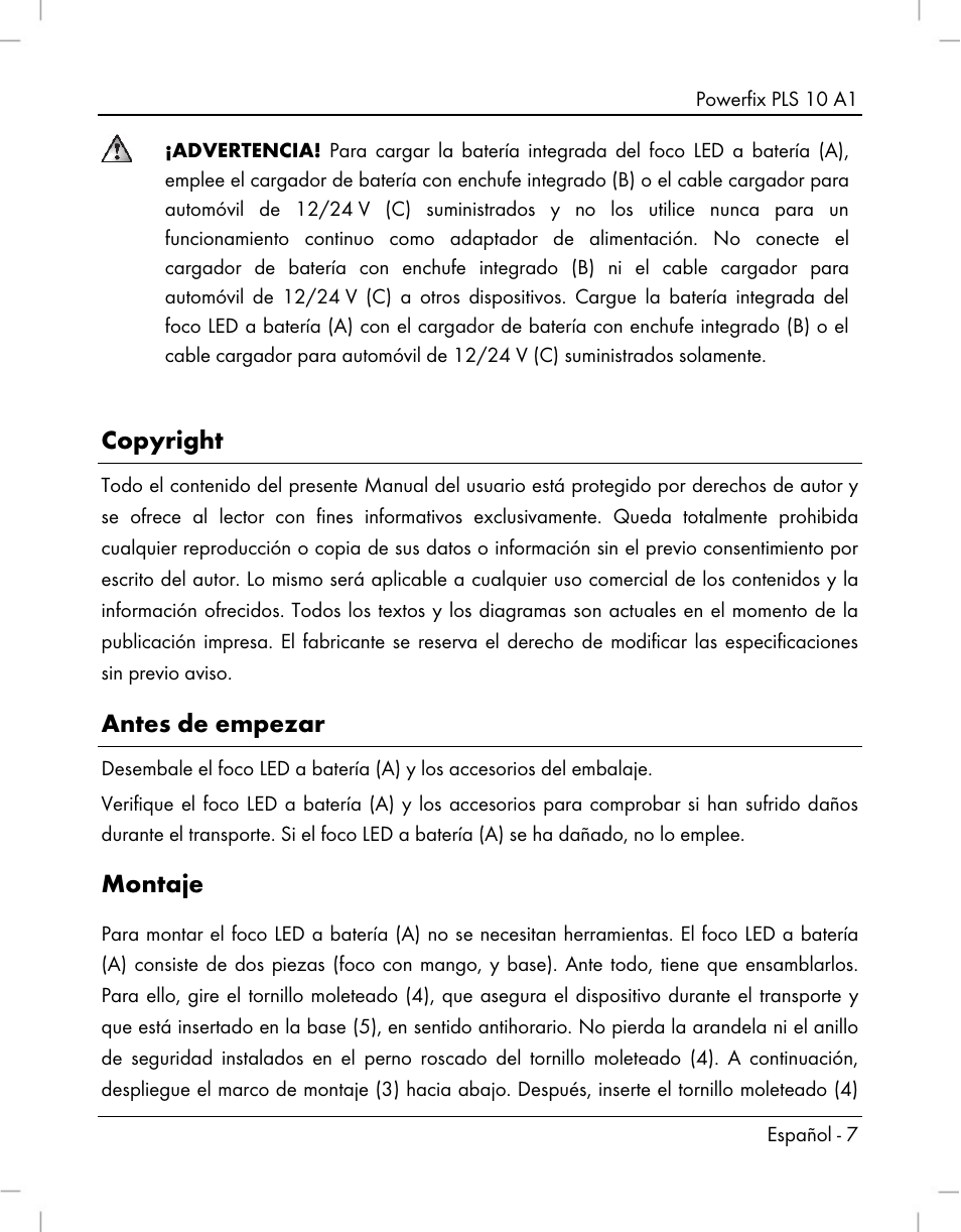 Copyright, Antes de empezar, Montaje | Powerfix PLS 10 A1 User Manual | Page 9 / 60