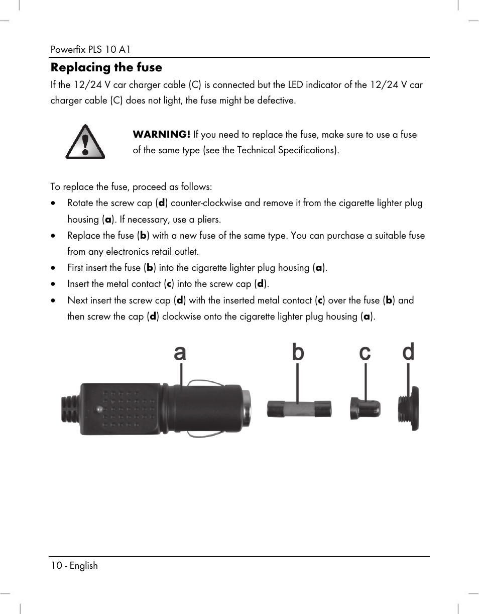 Replacing the fuse | Powerfix PLS 10 A1 User Manual | Page 12 / 60