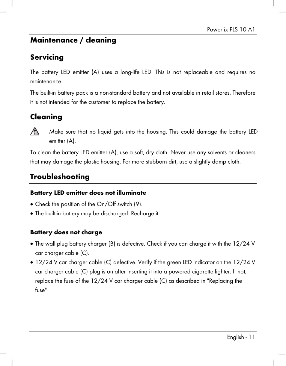 Maintenance / cleaning servicing, Cleaning, Troubleshooting | Powerfix PLS 10 A1 User Manual | Page 13 / 60
