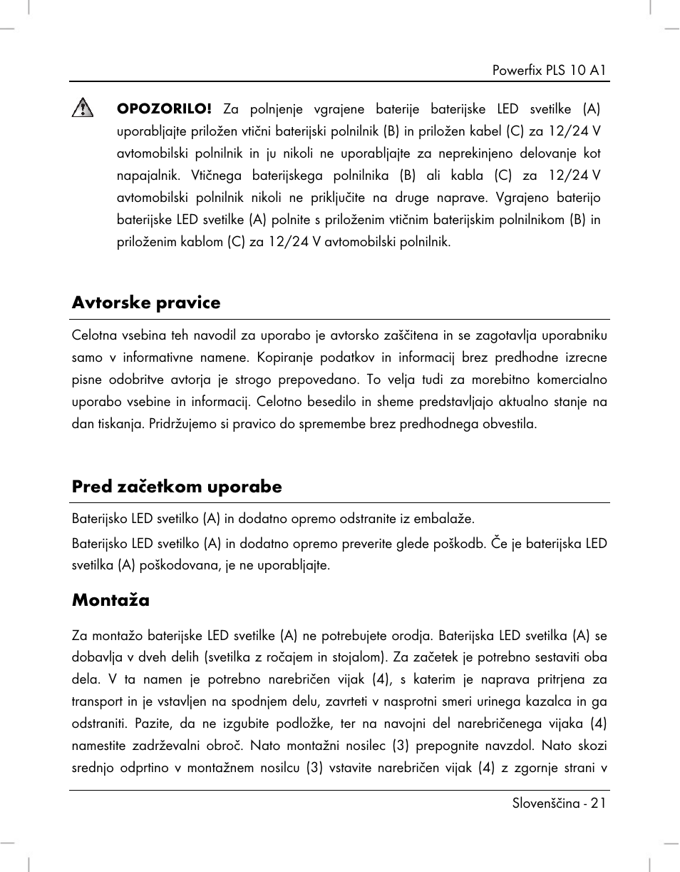 Avtorske pravice, Pred začetkom uporabe, Montaža | Powerfix PLS 10 A1 User Manual | Page 23 / 60