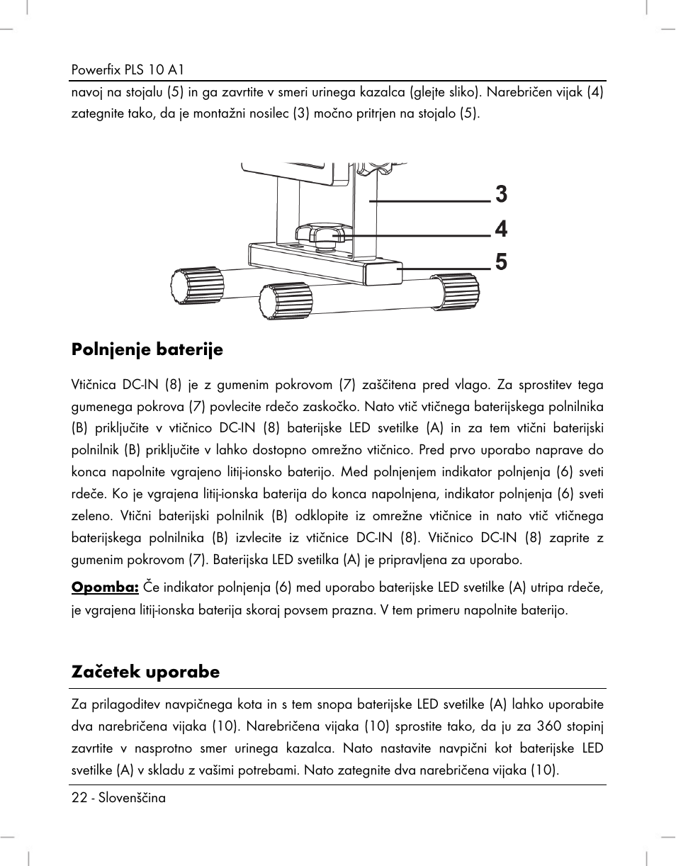 Polnjenje baterije, Začetek uporabe | Powerfix PLS 10 A1 User Manual | Page 24 / 60