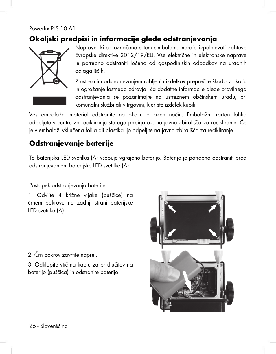 Odstranjevanje baterije | Powerfix PLS 10 A1 User Manual | Page 28 / 60