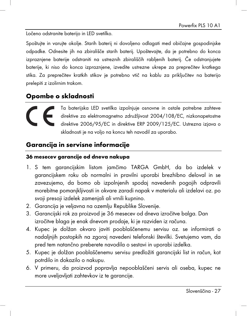 Opombe o skladnosti, Garancija in servisne informacije | Powerfix PLS 10 A1 User Manual | Page 29 / 60