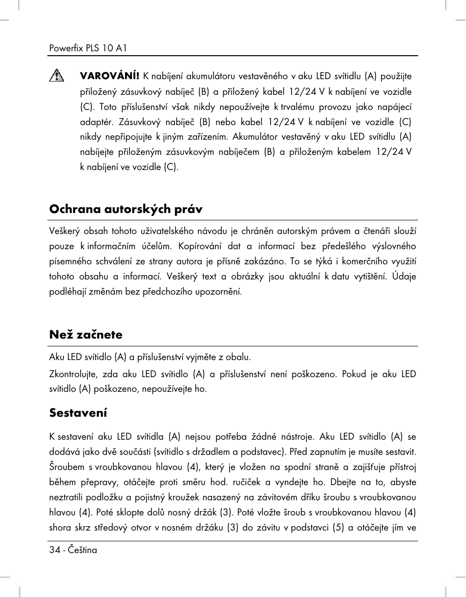 Ochrana autorských práv, Než začnete, Sestavení | Powerfix PLS 10 A1 User Manual | Page 36 / 60