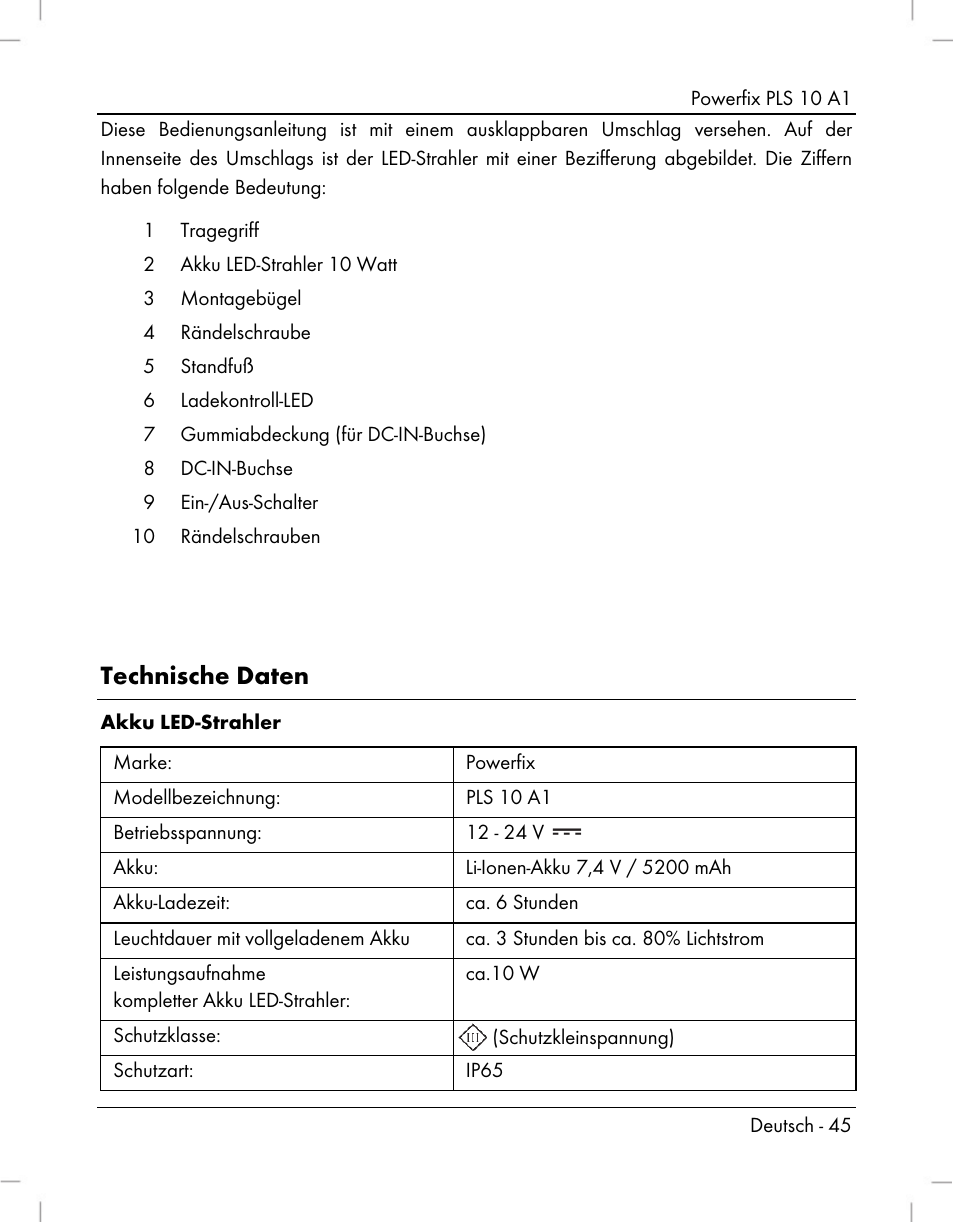 Technische daten | Powerfix PLS 10 A1 User Manual | Page 47 / 60