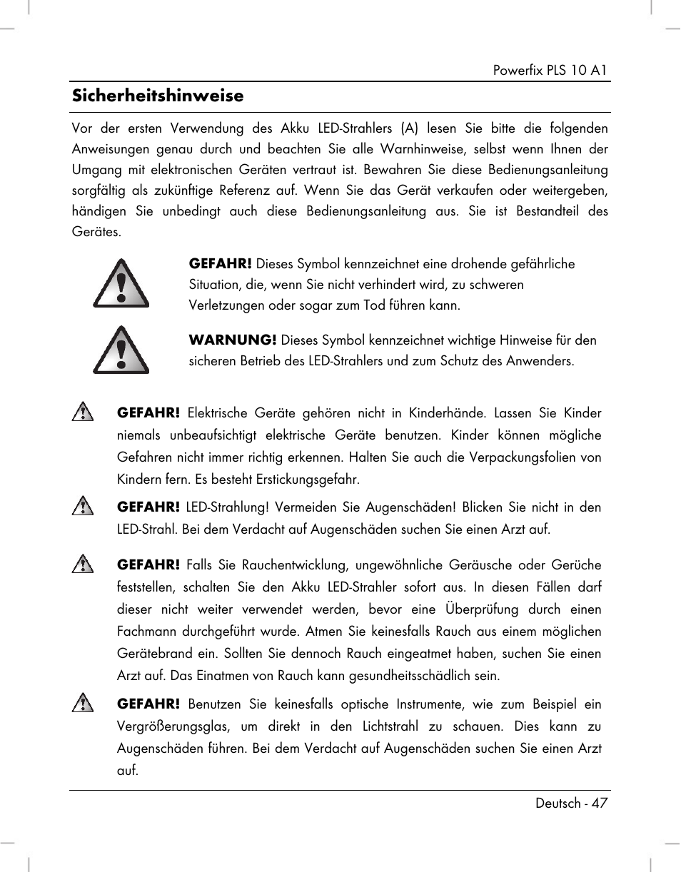 Sicherheitshinweise | Powerfix PLS 10 A1 User Manual | Page 49 / 60
