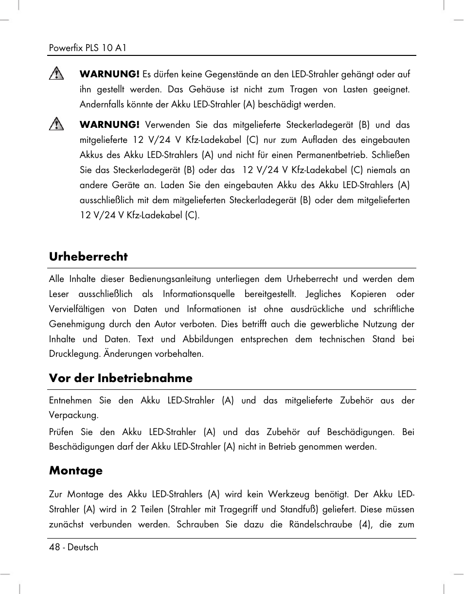 Urheberrecht, Vor der inbetriebnahme, Montage | Powerfix PLS 10 A1 User Manual | Page 50 / 60