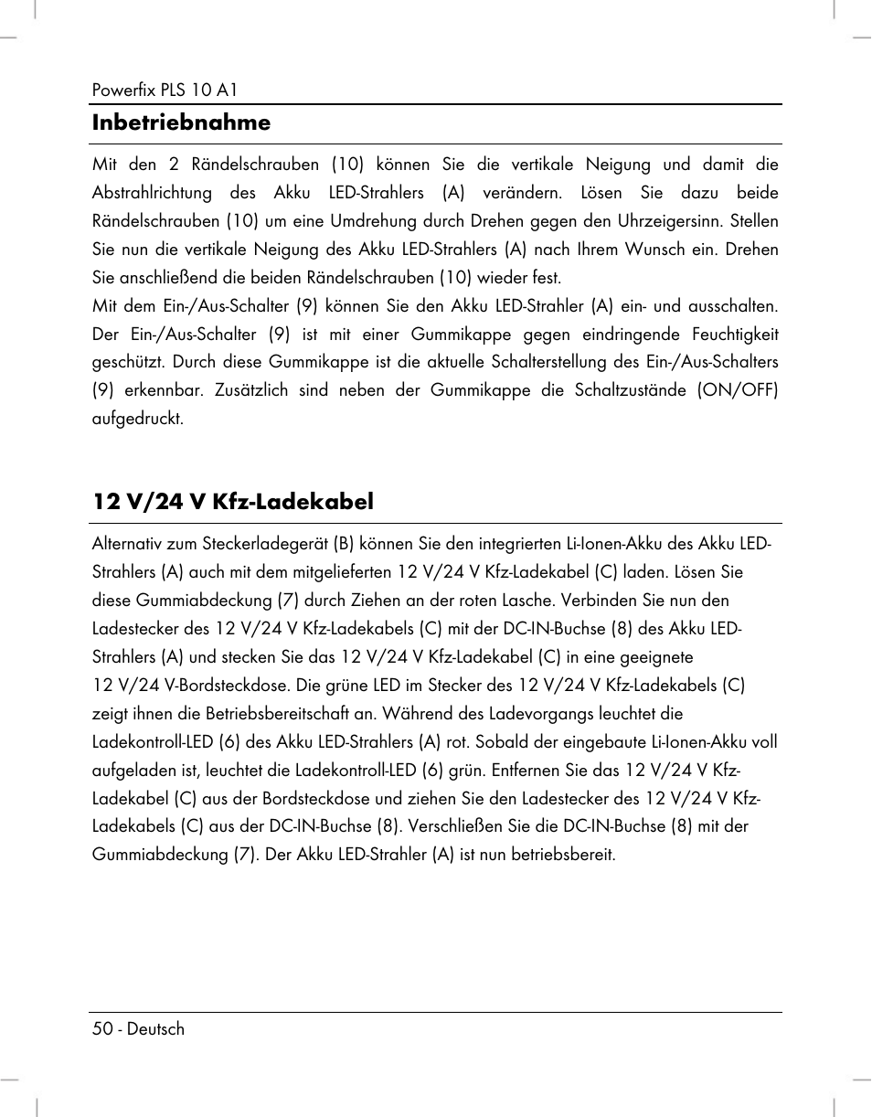 Inbetriebnahme, 12 v/24 v kfz-ladekabel | Powerfix PLS 10 A1 User Manual | Page 52 / 60
