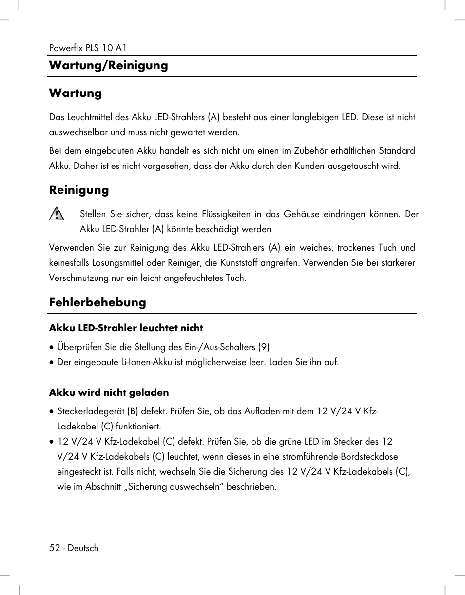 Wartung/reinigung wartung, Reinigung, Fehlerbehebung | Powerfix PLS 10 A1 User Manual | Page 54 / 60