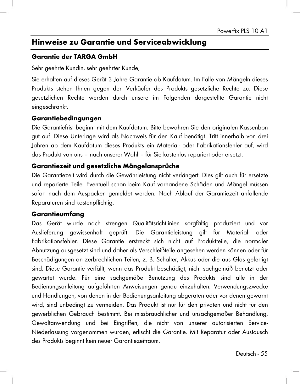 Hinweise zu garantie und serviceabwicklung | Powerfix PLS 10 A1 User Manual | Page 57 / 60