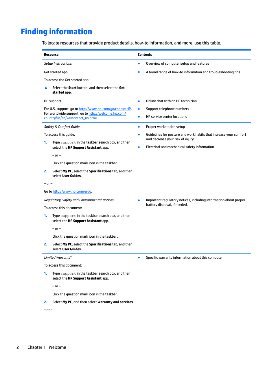 Finding information, 2chapter 1 welcome | HP EliteBook 840 G3 User Manual | Page 12 / 81