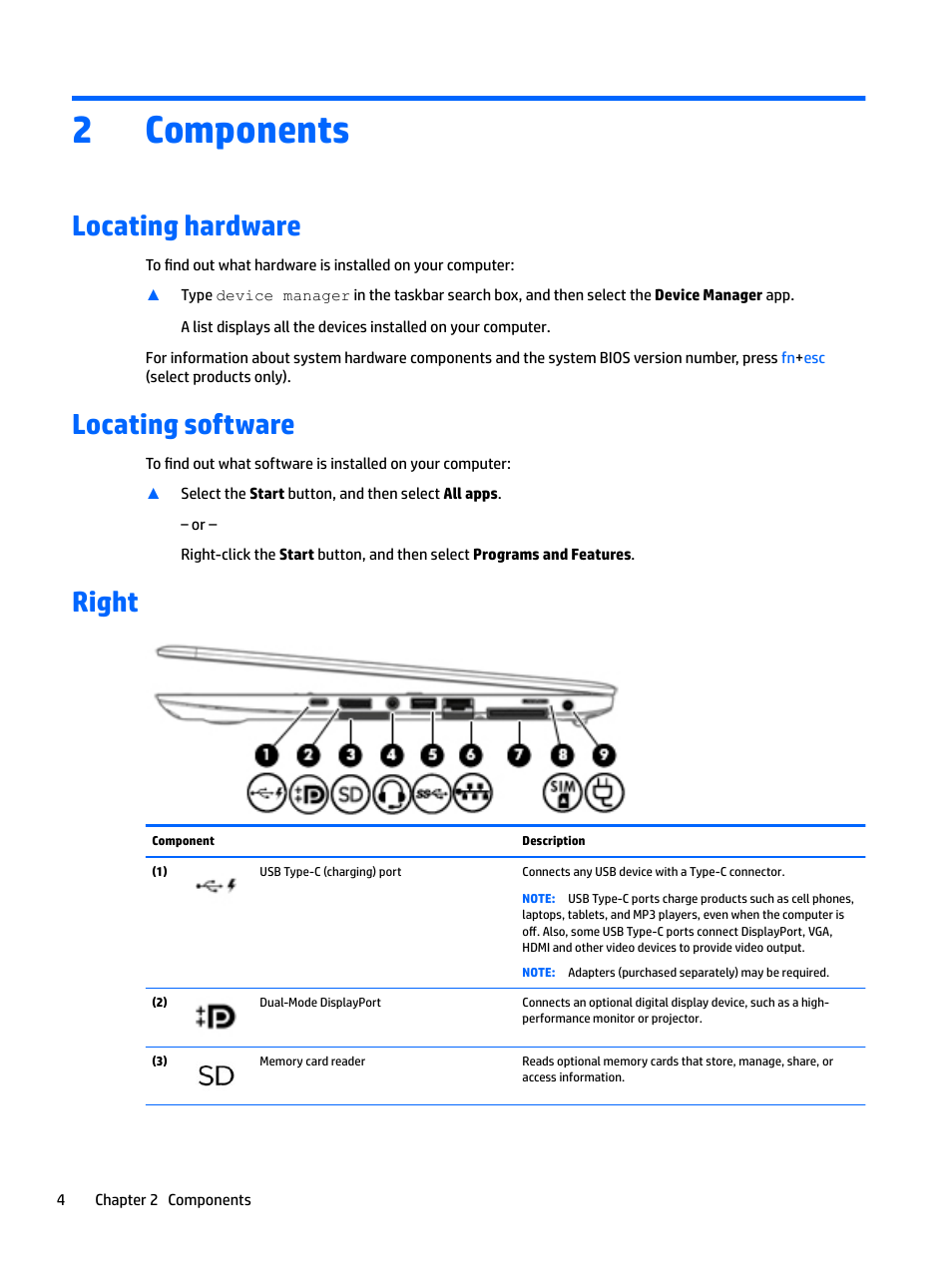 Components, Locating hardware, Locating software | Right, 2 components, Locating hardware locating software right, 2components | HP EliteBook 840 G3 User Manual | Page 14 / 81