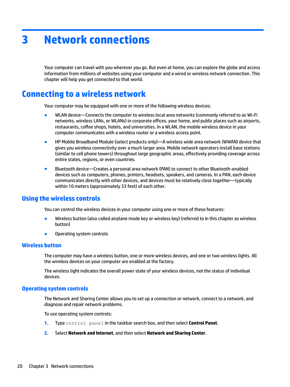 Network connections, Connecting to a wireless network, Using the wireless controls | Wireless button, Operating system controls, 3 network connections, Wireless button operating system controls, Tion, see, 3network connections | HP EliteBook 840 G3 User Manual | Page 30 / 81