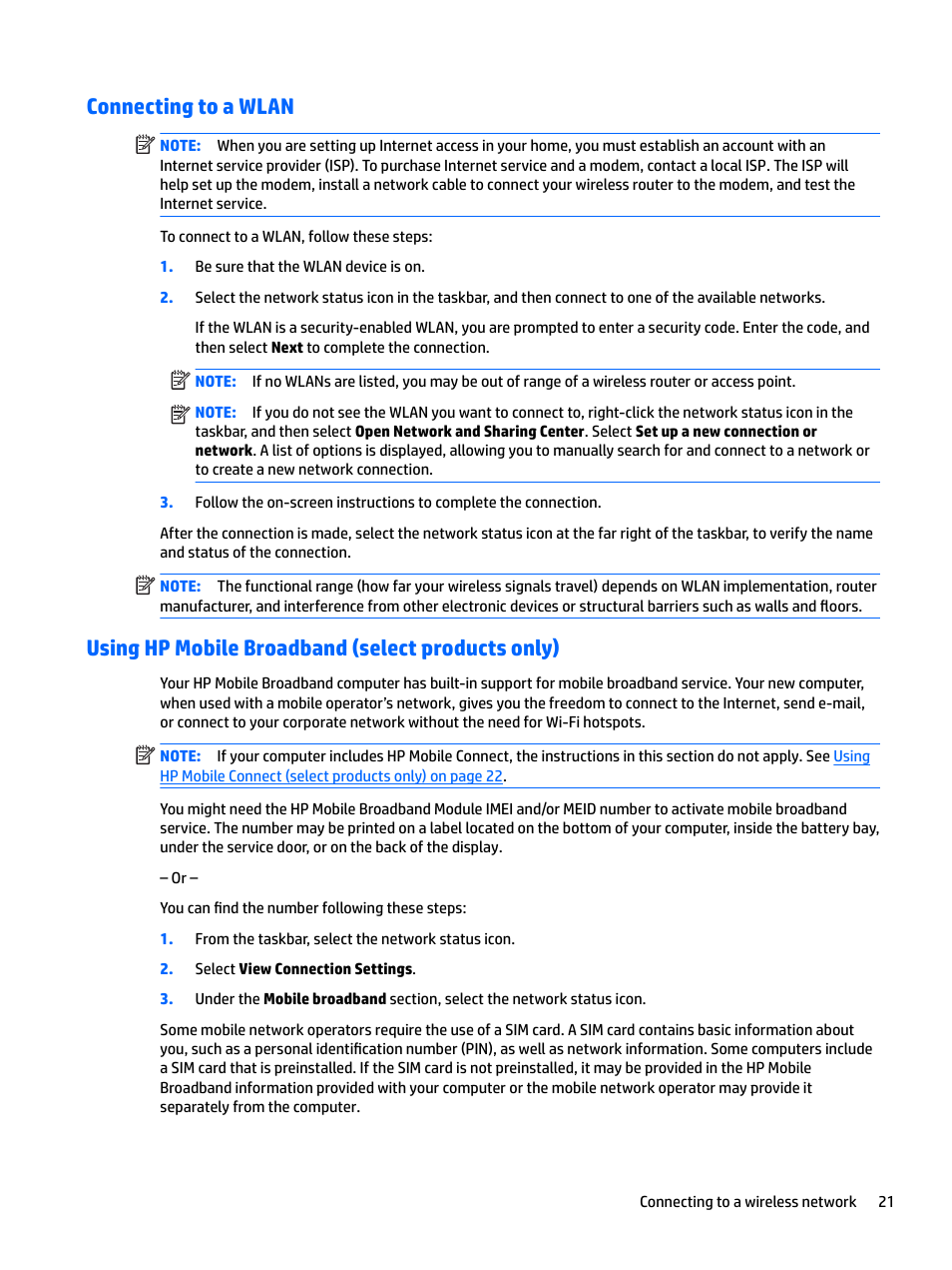 Connecting to a wlan, Using hp mobile broadband (select products only) | HP EliteBook 840 G3 User Manual | Page 31 / 81