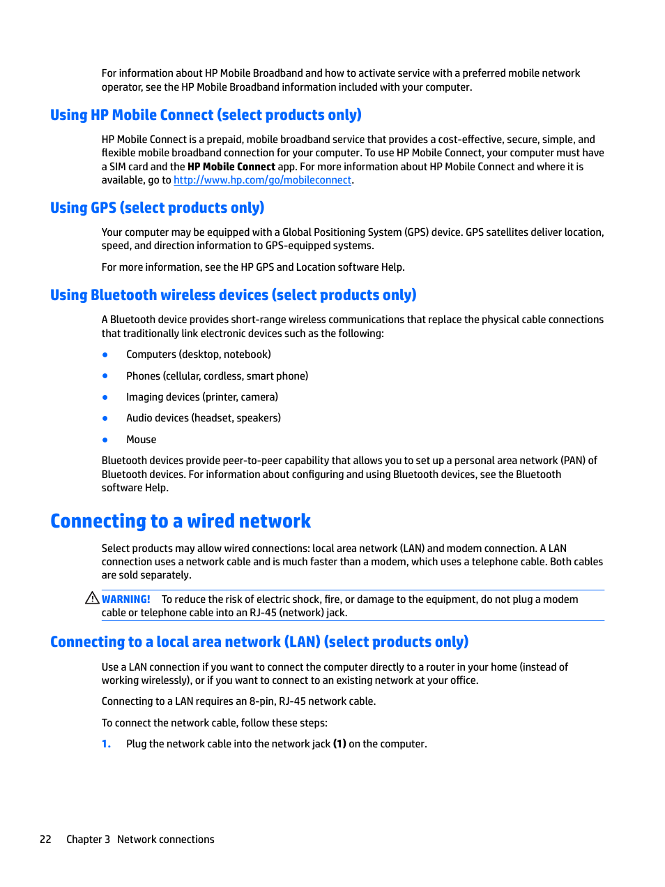 Using hp mobile connect (select products only), Using gps (select products only), Connecting to a wired network | HP EliteBook 840 G3 User Manual | Page 32 / 81