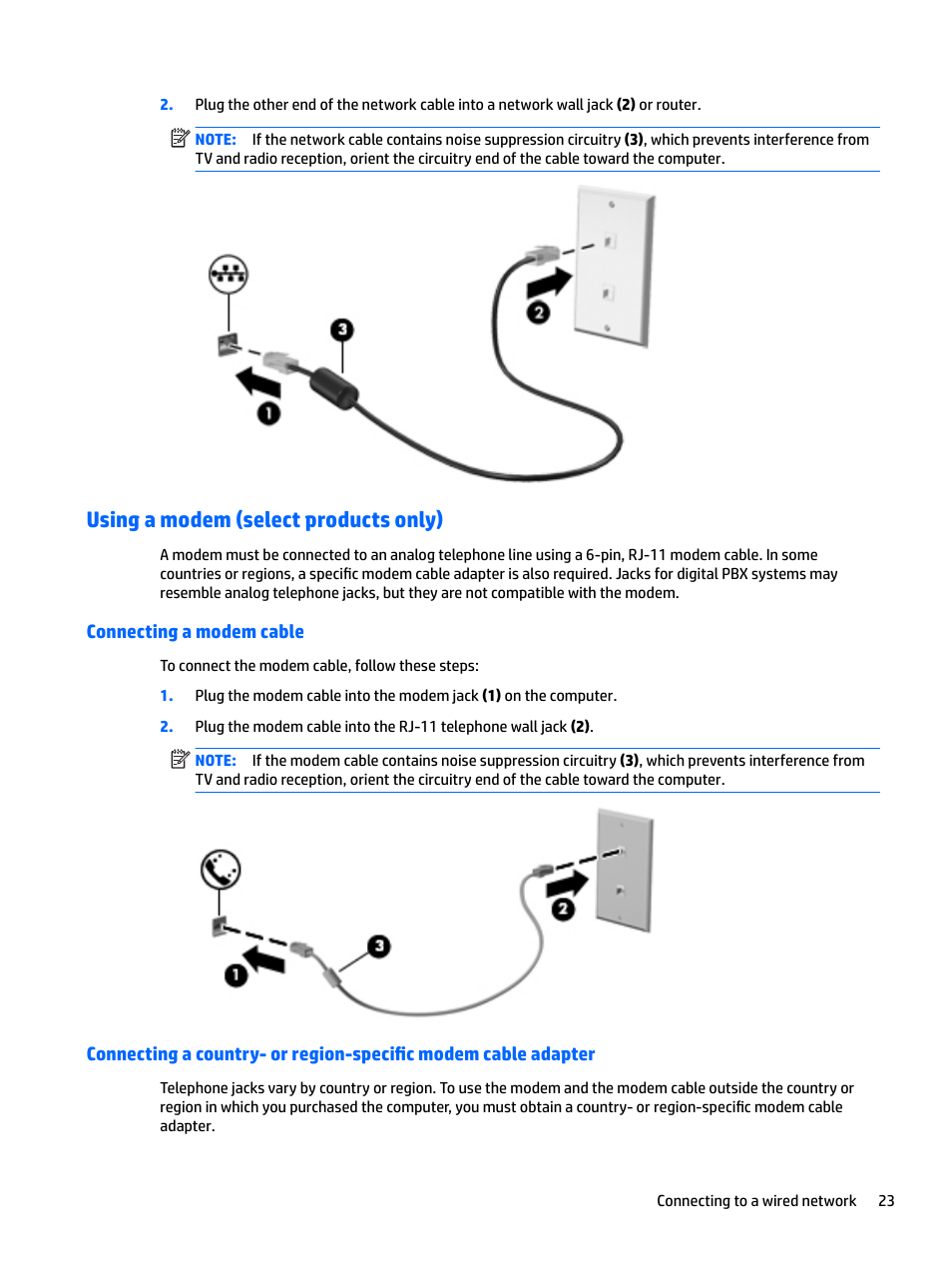 Using a modem (select products only), Connecting a modem cable | HP EliteBook 840 G3 User Manual | Page 33 / 81