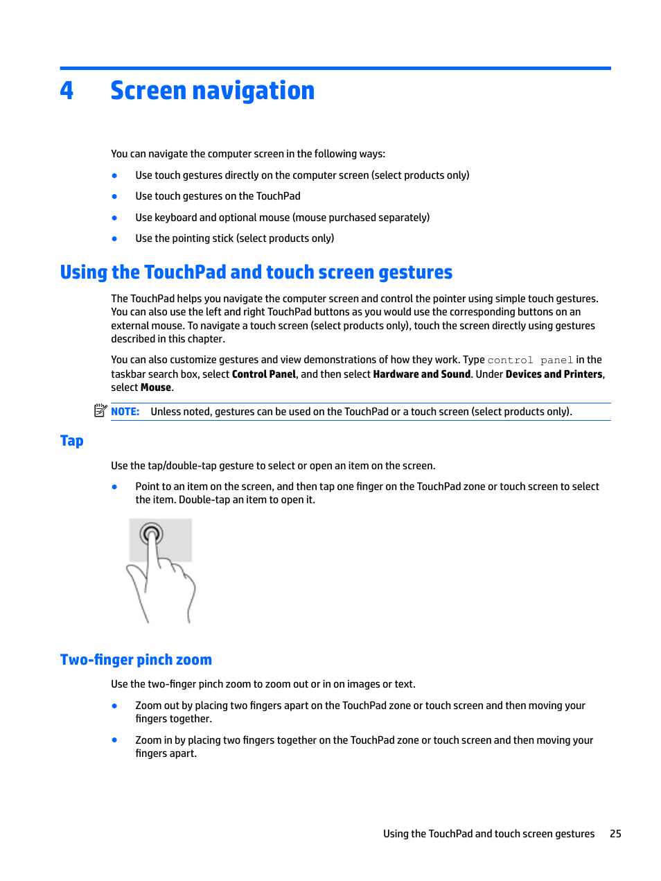 Screen navigation, Using the touchpad and touch screen gestures, Two-finger pinch zoom | 4 screen navigation, Tap two-finger pinch zoom, 4screen navigation | HP EliteBook 840 G3 User Manual | Page 35 / 81