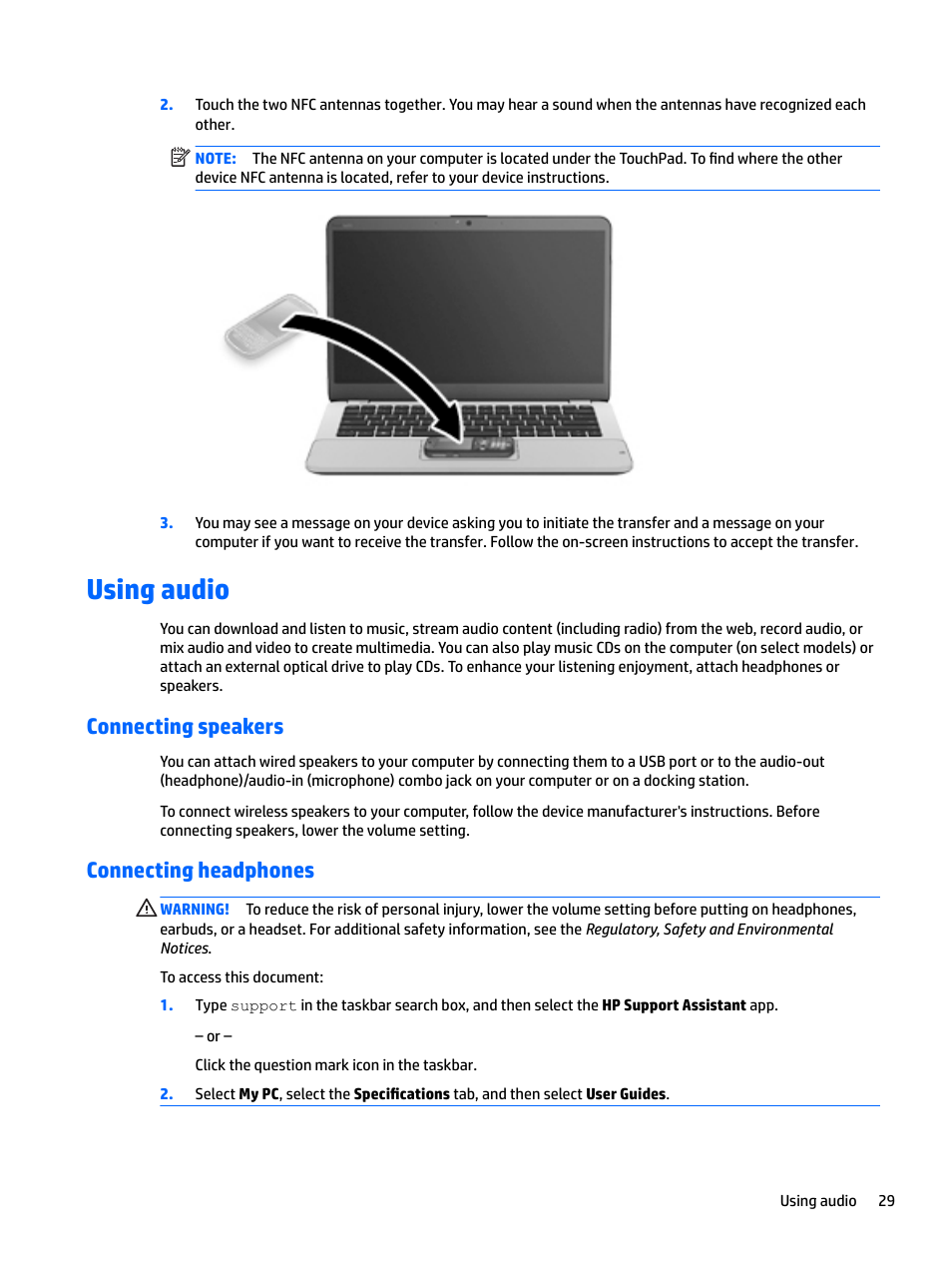Using audio, Connecting speakers, Connecting headphones | Connecting speakers connecting headphones | HP EliteBook 840 G3 User Manual | Page 39 / 81