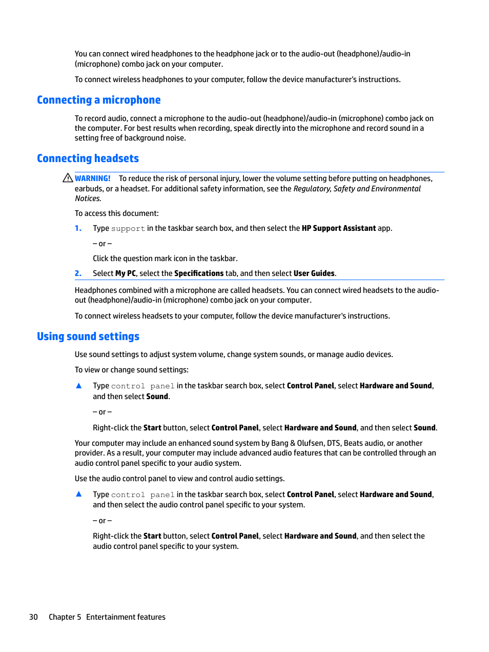 Connecting a microphone, Connecting headsets, Using sound settings | HP EliteBook 840 G3 User Manual | Page 40 / 81