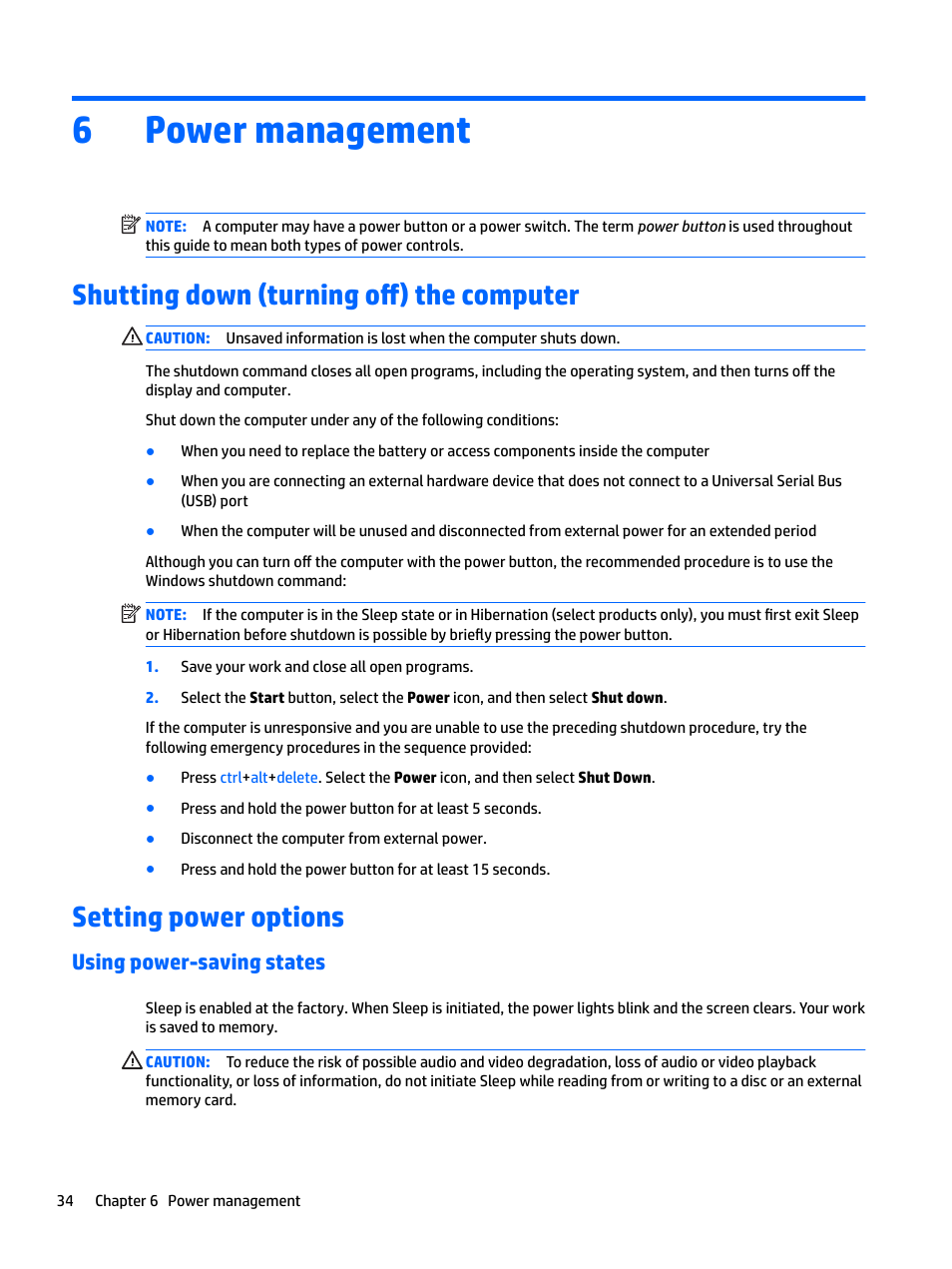 Power management, Shutting down (turning off) the computer, Setting power options | Using power-saving states, 6 power management, 6power management | HP EliteBook 840 G3 User Manual | Page 44 / 81
