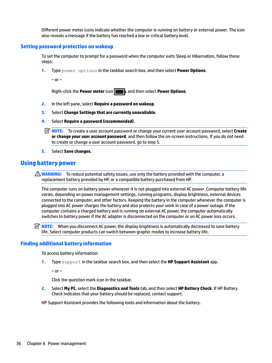 Setting password protection on wakeup, Using battery power, Finding additional battery information | HP EliteBook 840 G3 User Manual | Page 46 / 81