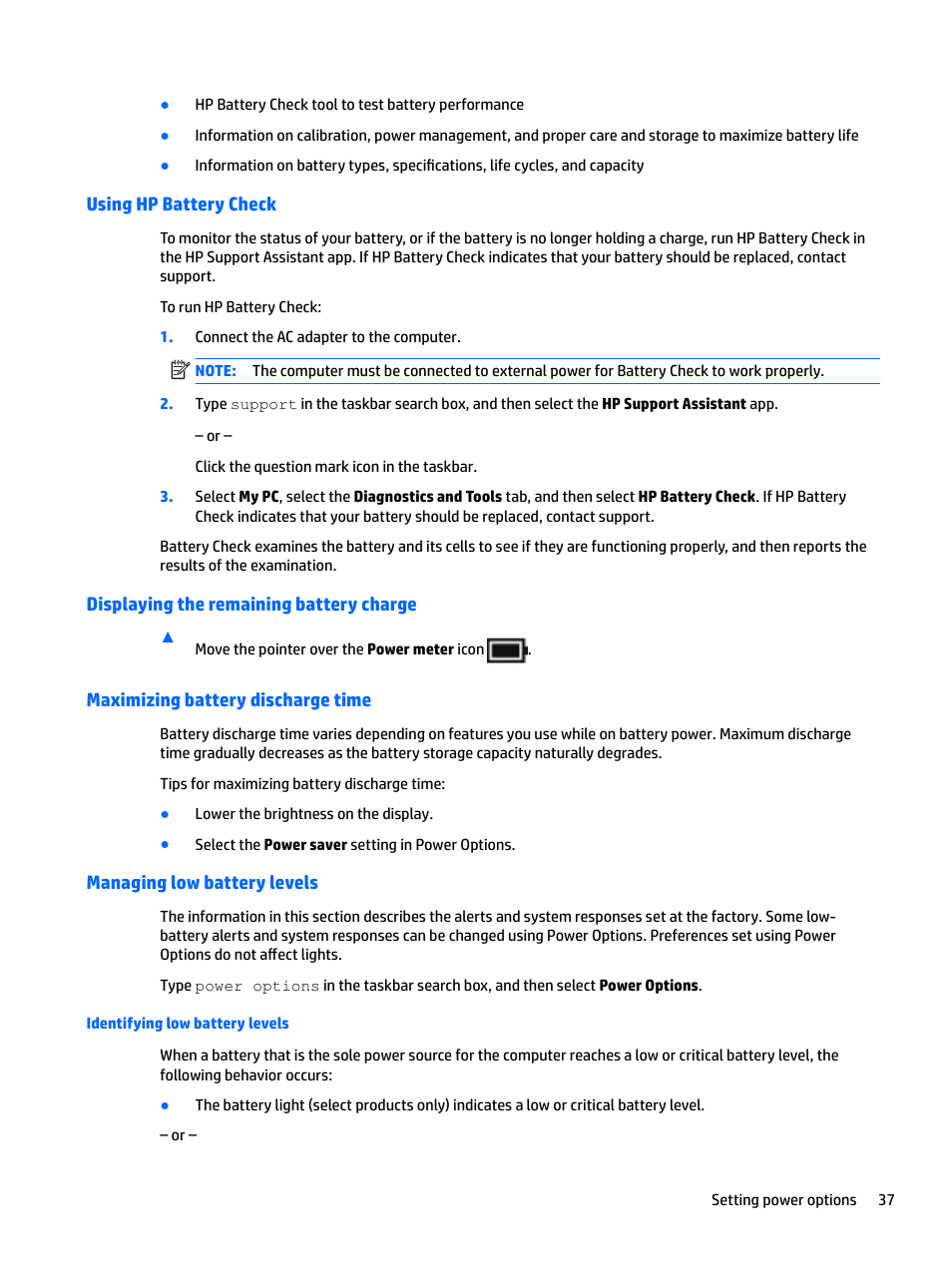 Using hp battery check, Displaying the remaining battery charge, Maximizing battery discharge time | Managing low battery levels, Identifying low battery levels | HP EliteBook 840 G3 User Manual | Page 47 / 81