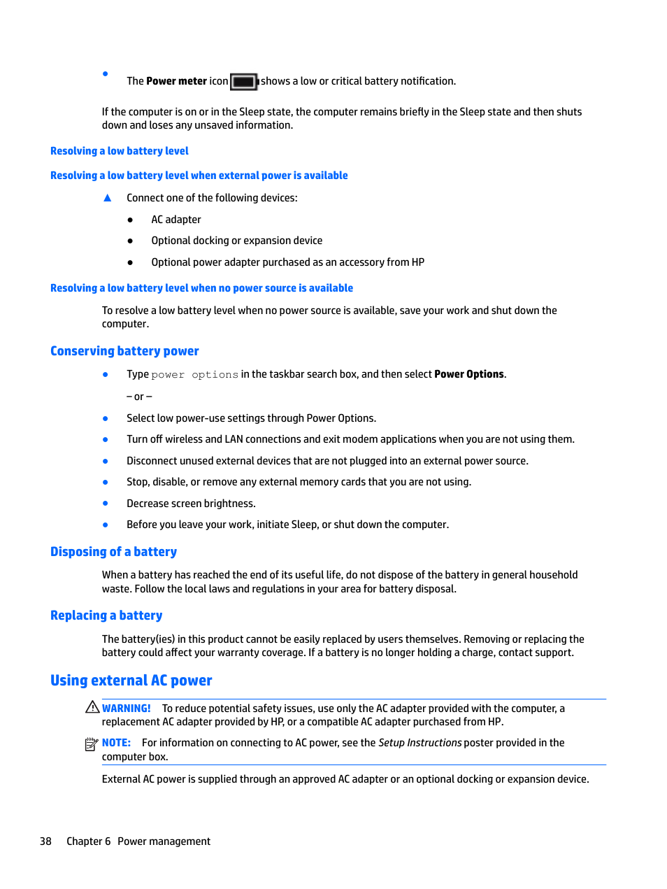 Resolving a low battery level, Conserving battery power, Disposing of a battery | Replacing a battery, Using external ac power | HP EliteBook 840 G3 User Manual | Page 48 / 81