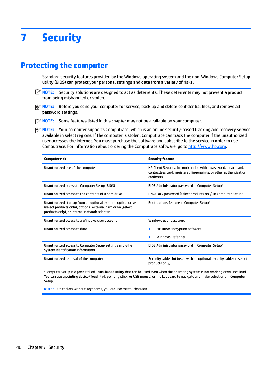 Security, Protecting the computer, 7 security | 7security | HP EliteBook 840 G3 User Manual | Page 50 / 81