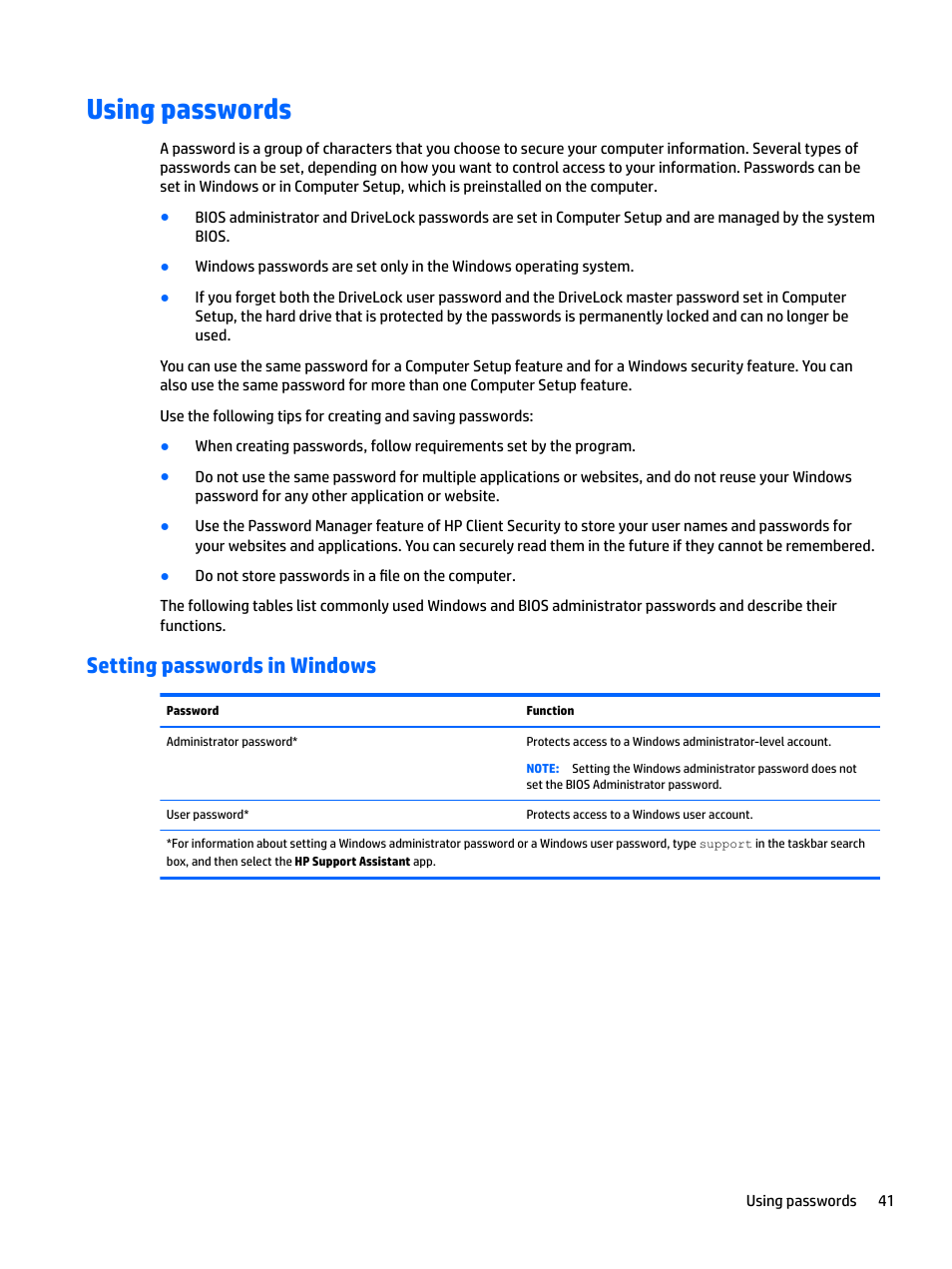 Using passwords, Setting passwords in windows | HP EliteBook 840 G3 User Manual | Page 51 / 81