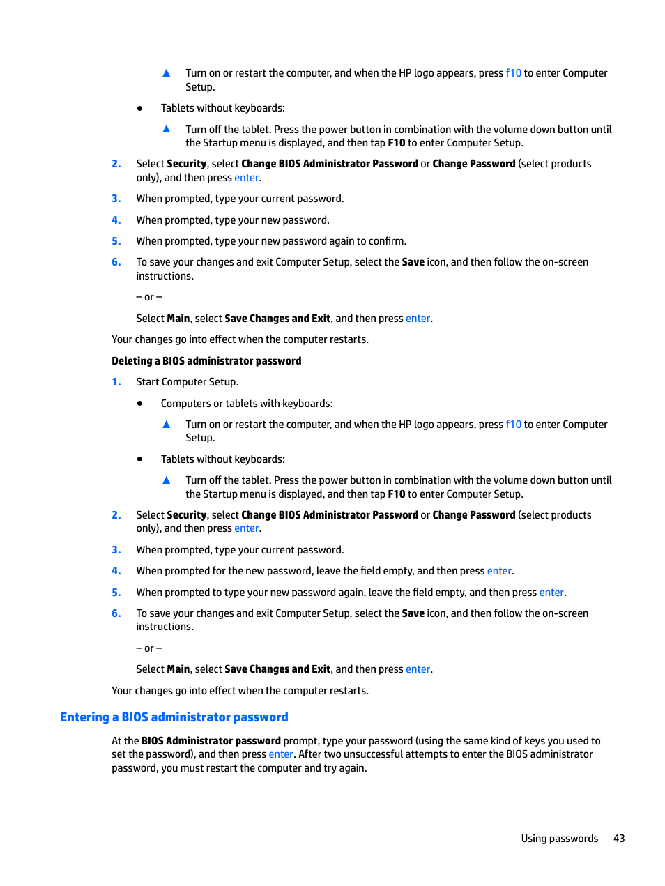 Entering a bios administrator password | HP EliteBook 840 G3 User Manual | Page 53 / 81