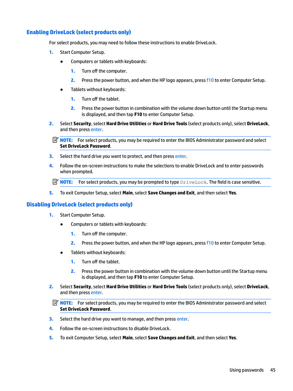 Enabling drivelock (select products only), Disabling drivelock (select products only) | HP EliteBook 840 G3 User Manual | Page 55 / 81