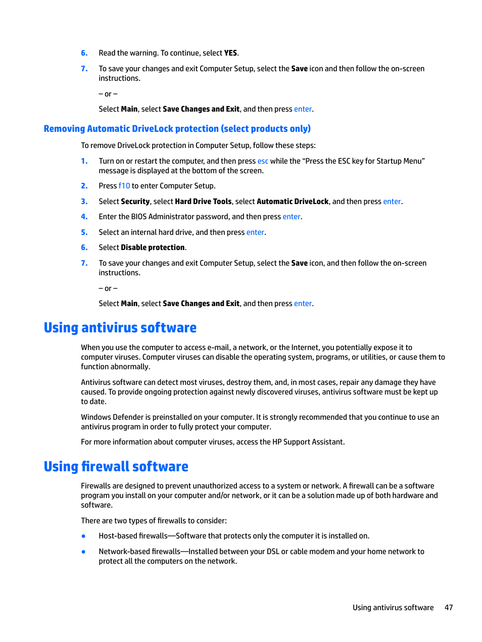 Using antivirus software, Using firewall software, Using antivirus software using firewall software | HP EliteBook 840 G3 User Manual | Page 57 / 81