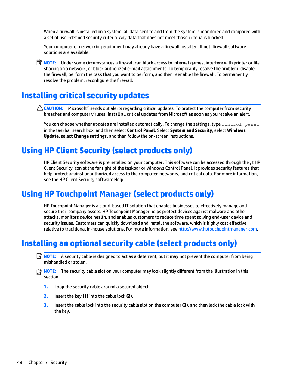 Installing critical security updates, Using hp client security (select products only), Using hp touchpoint manager (select products only) | HP EliteBook 840 G3 User Manual | Page 58 / 81